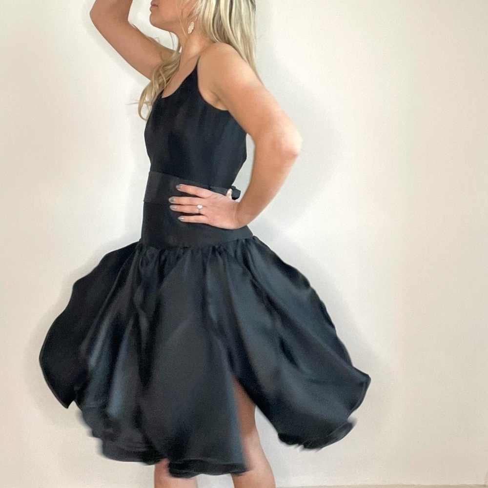 Douglas Hannant Black Ruffle Low Back Belted Dress